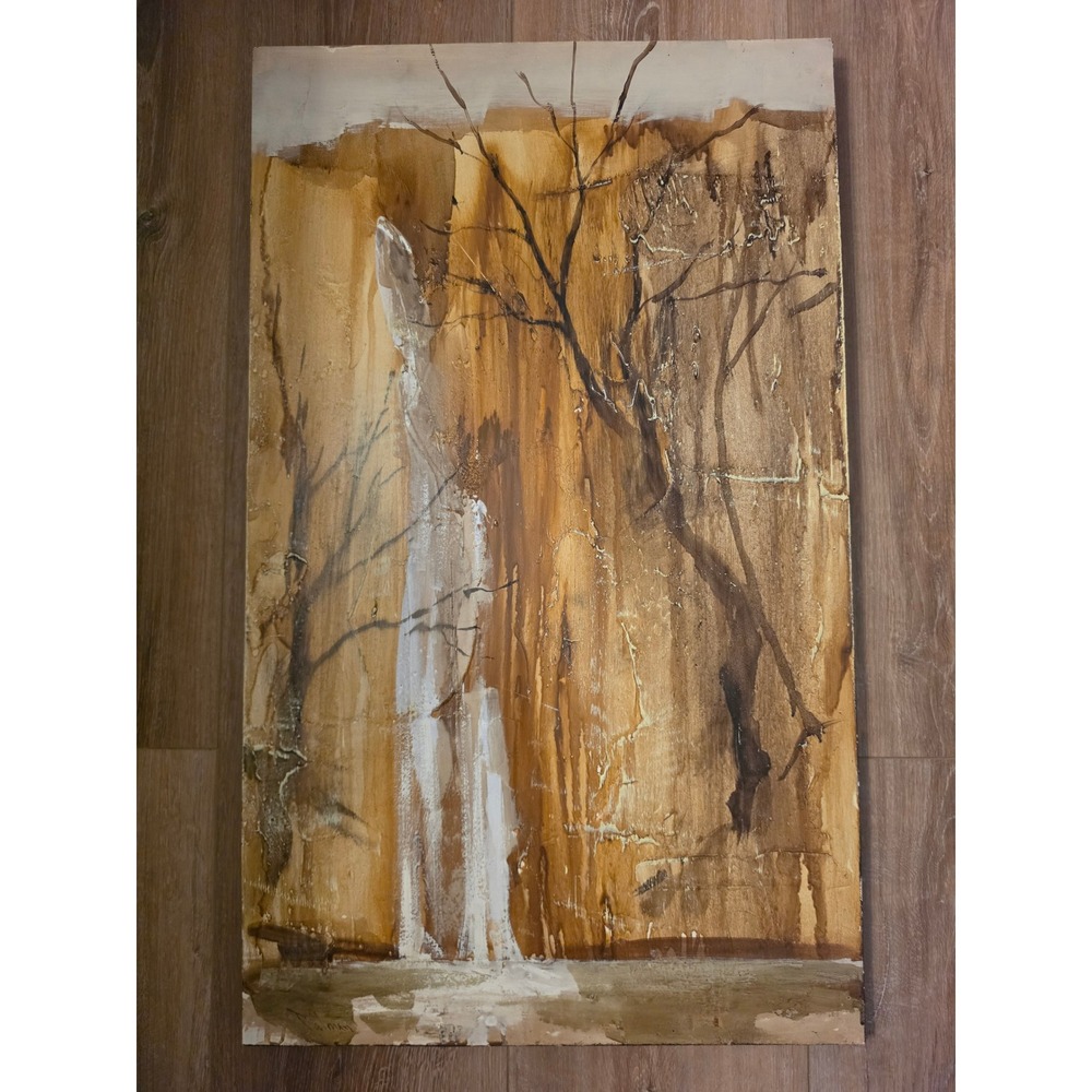 T. Alma Abstract Waterfall Painting Earth Tones Wood Frame 29x18 Vintage 1977